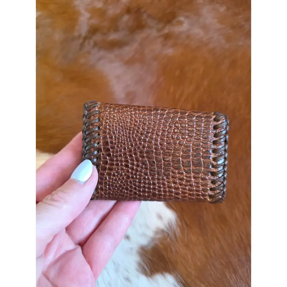 Vintage Crocodile Brown Leather Braided Edge Keychain Holder Key-Tainer